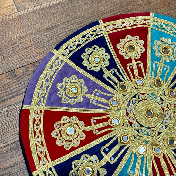 BOHEMIAN Indian Velvet Round Embroidered Decorative Round Pillow Cover 15.5” - Picture 9 of 16